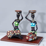 African Resin Women Statues – Handcrafted Decorative Figurine Set - Candle Holder - Blue - 