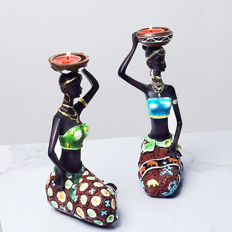 African Resin Women Statues – Handcrafted Decorative Figurine Set - Candle Holder - Blue - 