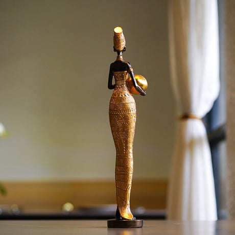 African Tribal Lady Resin Sculptures – Elegant Cultural Figurine Set (Multicolour, White, Gold) - Black and white - 