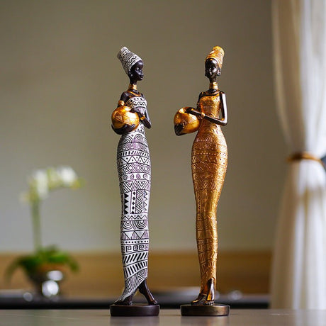 African Tribal Lady Resin Sculptures – Elegant Cultural Figurine Set (Multicolour, White, Gold) - Black and white - 