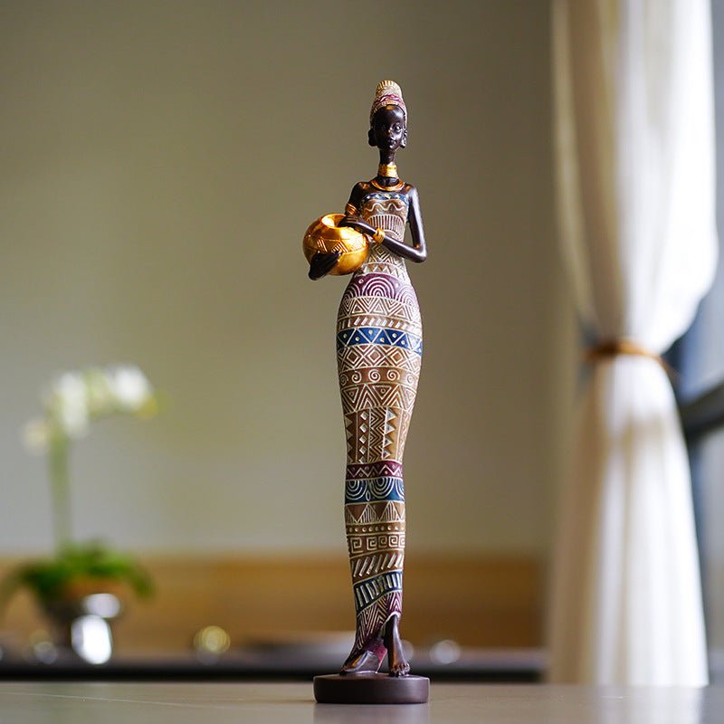 African Tribal Lady Resin Sculptures – Elegant Cultural Figurine Set (Multicolour, White, Gold) - Black and white - 