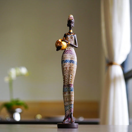African Tribal Lady Resin Sculptures – Elegant Cultural Figurine Set (Multicolour, White, Gold) - Black and white - 
