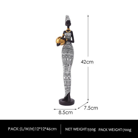 African Tribal Lady Resin Sculptures – Elegant Cultural Figurine Set (Multicolour, White, Gold) - Black and white - 