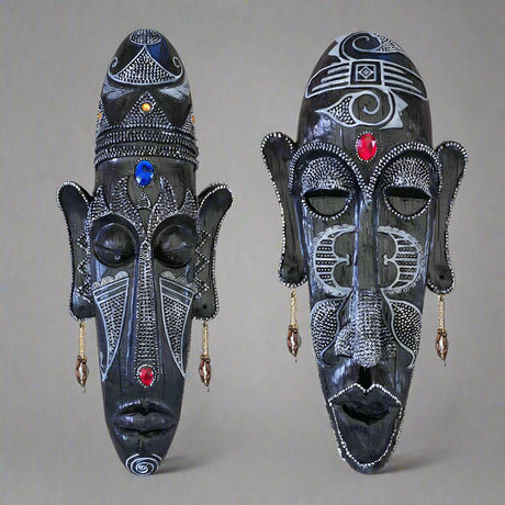 African Tribal Resin Mask Wall Art – Handcrafted Home & Bar Décor (14x6 in) - A - 
