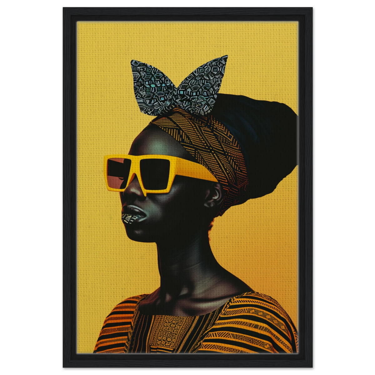 AfroFuturist Muse – Bold Afrocentric Portrait Wall Art Print - Framed Canvas - 40x60 cm / 16x24″ - Black frame
