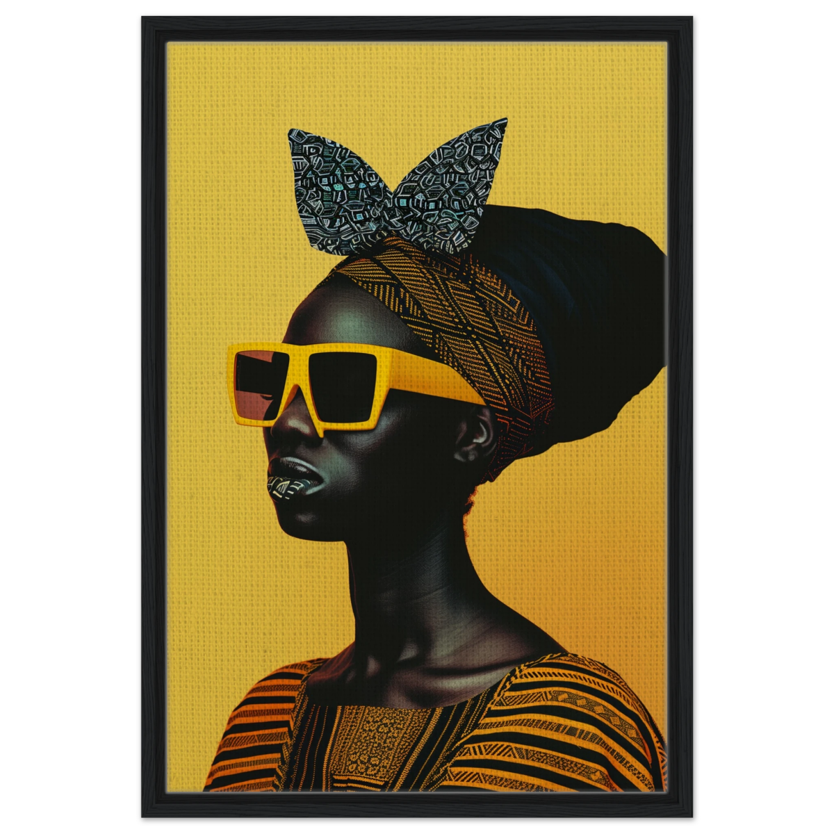 AfroFuturist Muse – Bold Afrocentric Portrait Wall Art Print - Framed Canvas - 50x75 cm / 20x30″ - Black frame