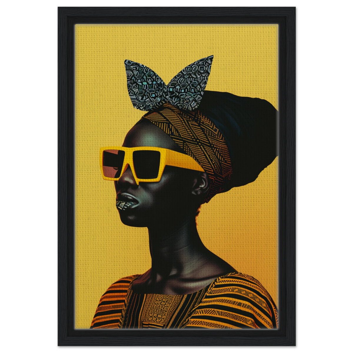 AfroFuturist Muse – Bold Afrocentric Portrait Wall Art Print - Framed Canvas - 30x45 cm / 12x18″ - Black frame