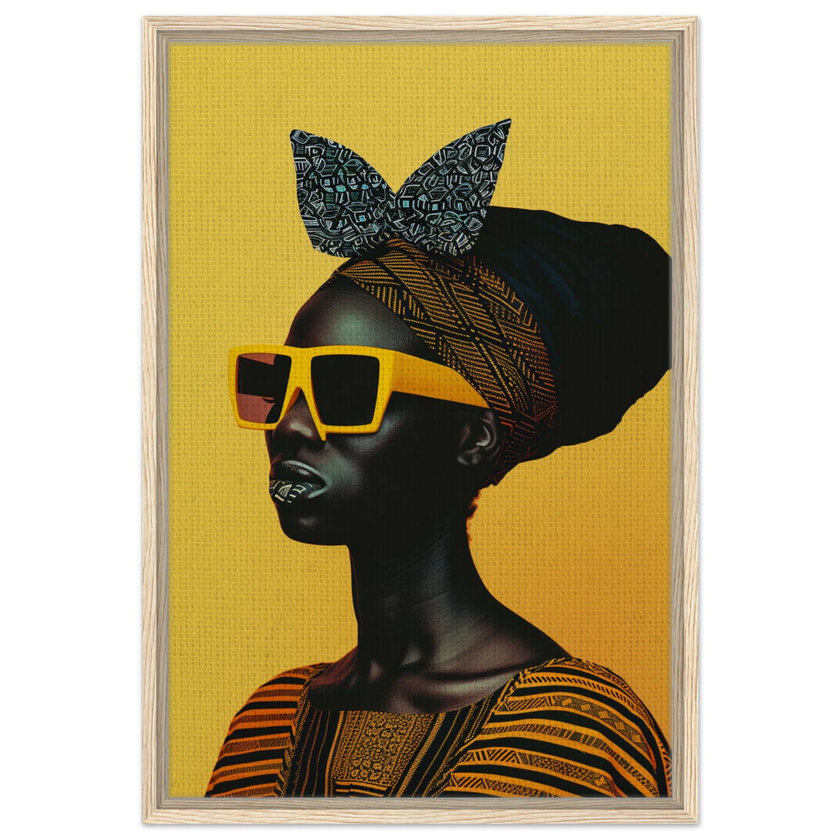 AfroFuturist Muse – Bold Afrocentric Portrait Wall Art Print - Framed Canvas - 50x75 cm / 20x30″ - Wood frame