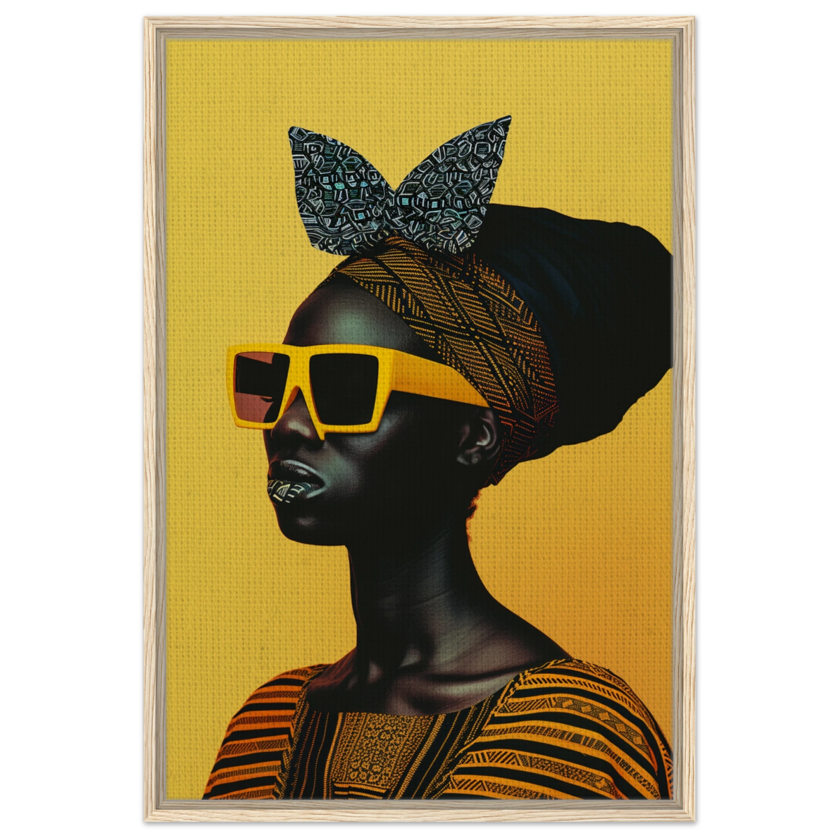 AfroFuturist Muse – Bold Afrocentric Portrait Wall Art Print - Framed Canvas - 60x90 cm / 24x36″ - Wood frame
