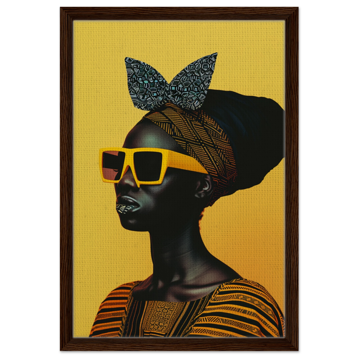 AfroFuturist Muse – Bold Afrocentric Portrait Wall Art Print - Framed Canvas - 40x60 cm / 16x24″ - Dark wood frame