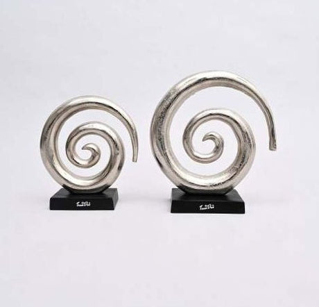 Aluminum Swirl Abstract Sculptures – Modern Art Décor with Black Base, Set of 2 - Nickel - 