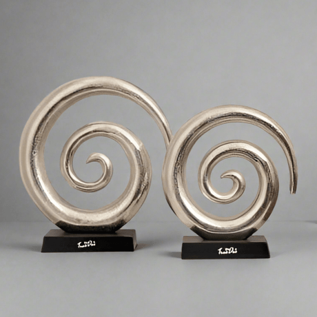Aluminum Swirl Abstract Sculptures – Modern Art Décor with Black Base, Set of 2 - Nickel - 