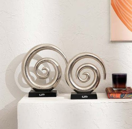 Aluminum Swirl Abstract Sculptures – Modern Art Décor with Black Base, Set of 2 - Nickel - 