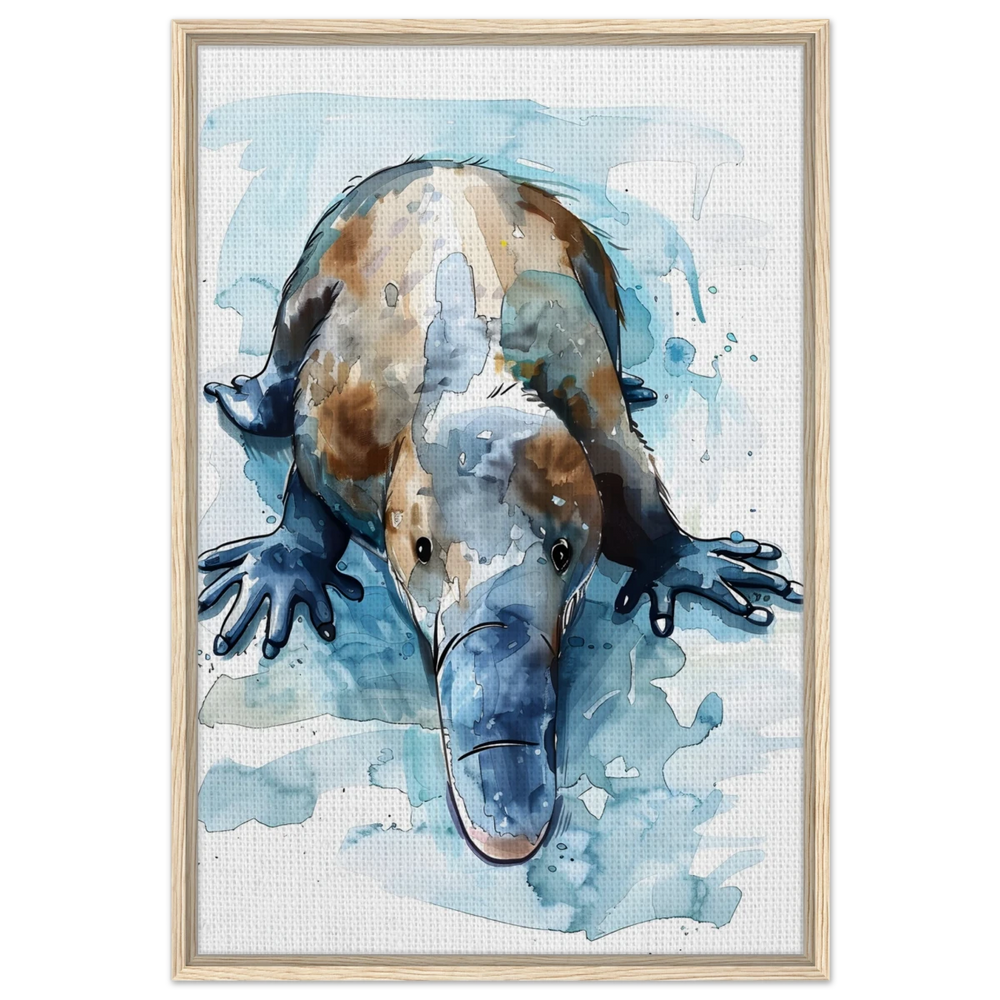Aqua Explorer | Platypus | Modern watercolor - inspired animal art - 60x90 cm / 24x36″ - Framed Canvas - Wood frame