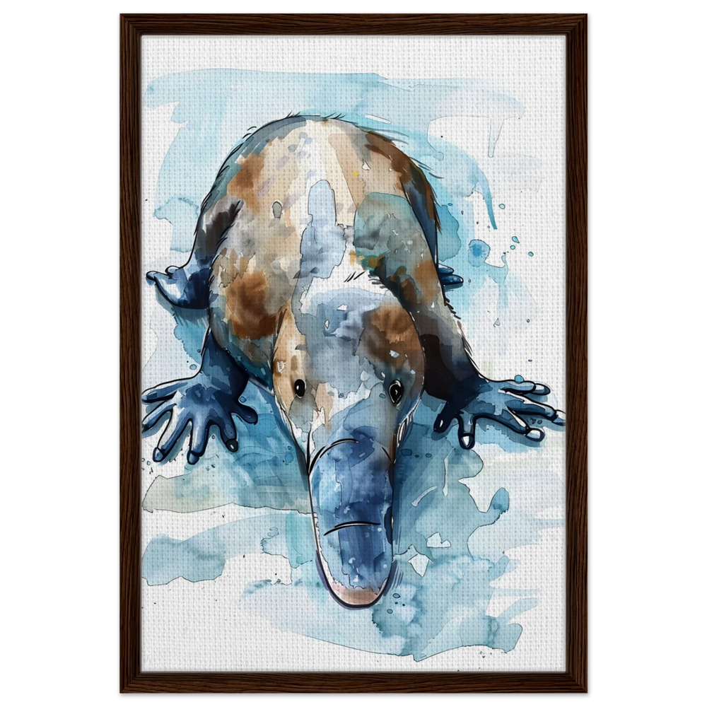 Aqua Explorer | Platypus | Modern watercolor - inspired animal art - 50x75 cm / 20x30″ - Framed Canvas - Dark wood frame
