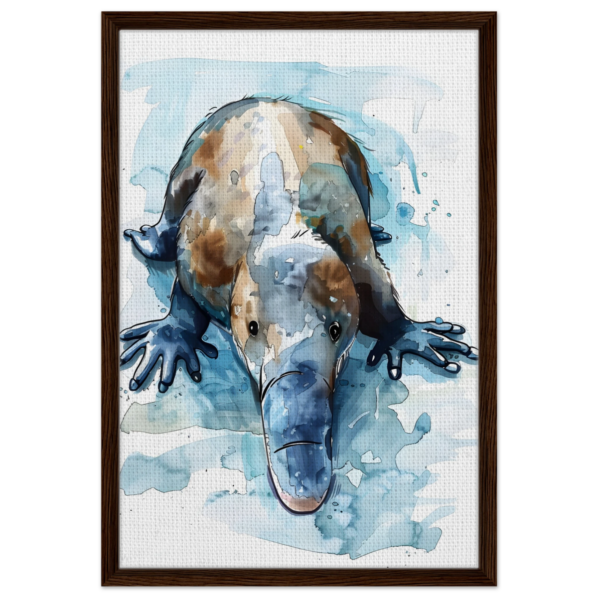 Aqua Explorer | Platypus | Modern watercolor - inspired animal art - 50x75 cm / 20x30″ - Framed Canvas - Dark wood frame