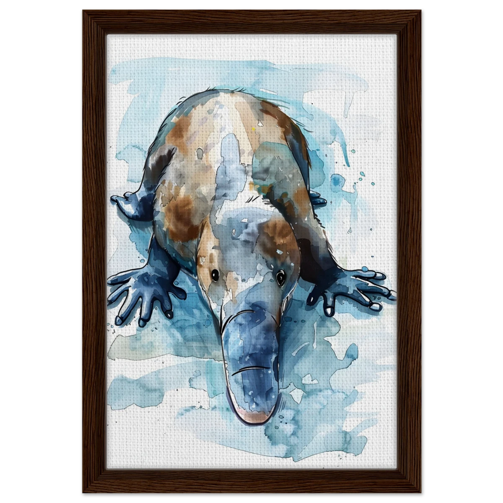 Aqua Explorer | Platypus | Modern watercolor - inspired animal art - 30x45 cm / 12x18″ - Framed Canvas - Dark wood frame