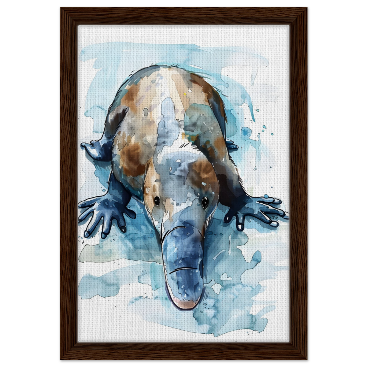 Aqua Explorer | Platypus | Modern watercolor - inspired animal art - 30x45 cm / 12x18″ - Framed Canvas - Dark wood frame