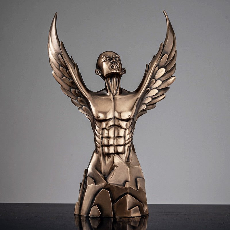 Ascending Winged Angel Sculpture | Resin & Copper Powder Art - Golden Male - 