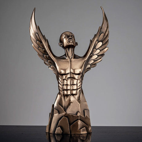 Ascending Winged Angel Sculpture | Resin & Copper Powder Art - Golden Male - 