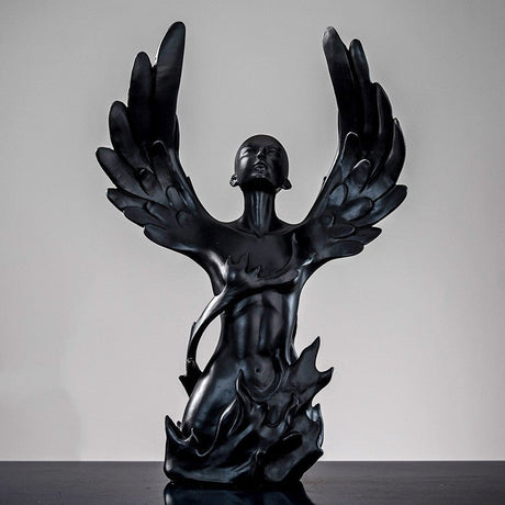 Ascending Winged Angel Sculpture | Resin & Copper Powder Art - Black Female - 
