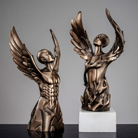 Ascending Winged Angel Sculpture | Resin & Copper Powder Art - Black Female - 