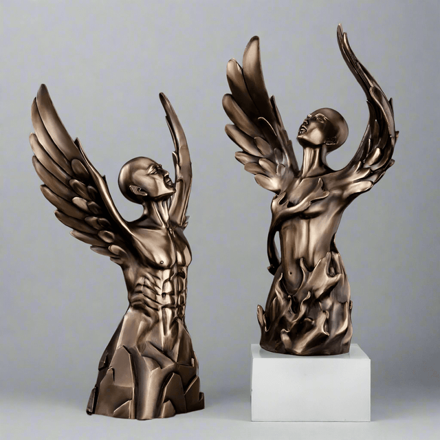 Ascending Winged Angel Sculpture | Resin & Copper Powder Art - Black Female - 