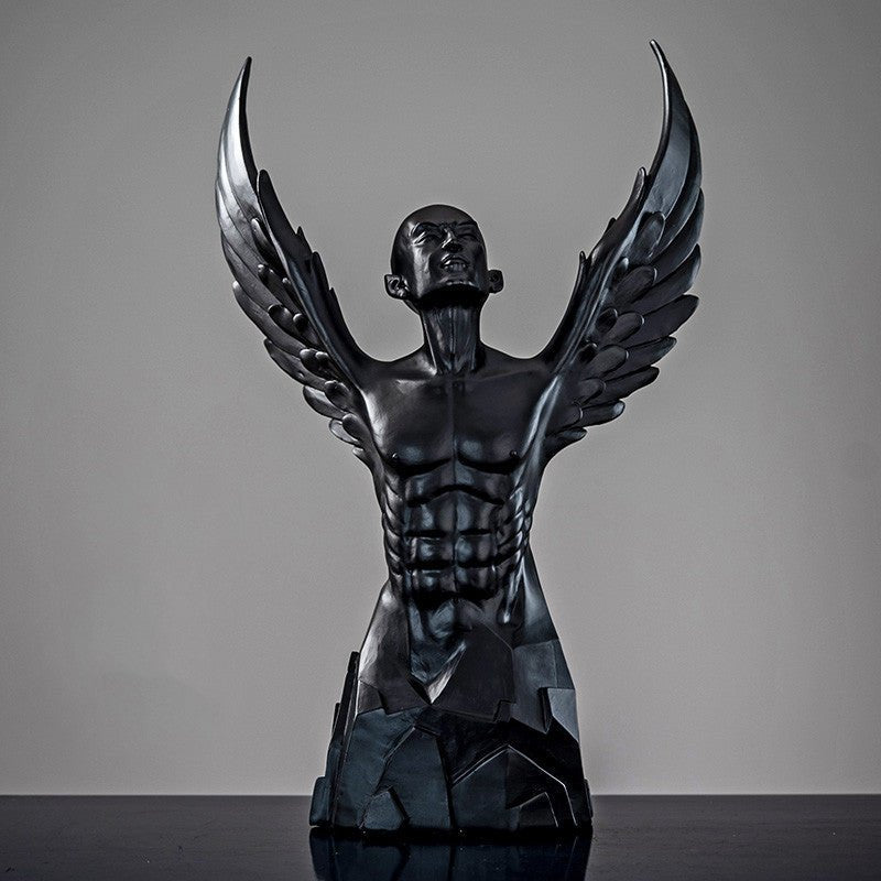 Ascending Winged Angel Sculpture | Resin & Copper Powder Art - Black Male - 