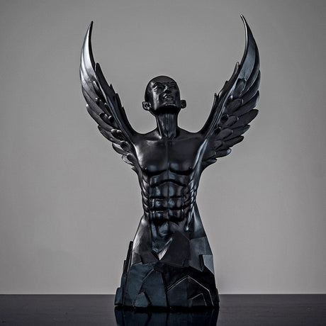 Ascending Winged Angel Sculpture | Resin & Copper Powder Art - Black Male - 