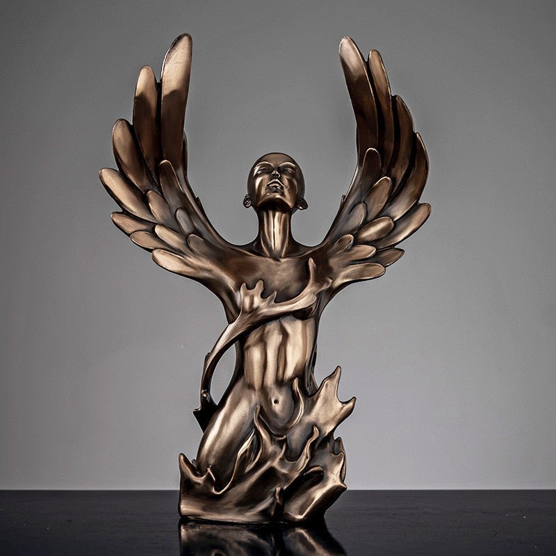 Ascending Winged Angel Sculpture | Resin & Copper Powder Art - Golden Female - 