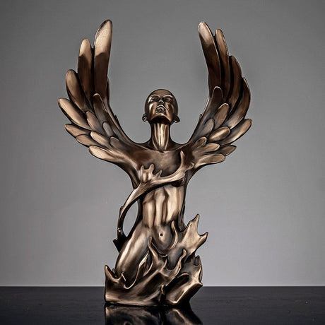 Ascending Winged Angel Sculpture | Resin & Copper Powder Art - Golden Female - 