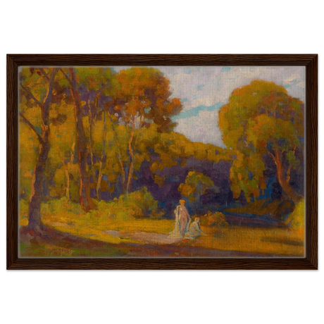 "At Sunset" by Lajos Csordák – Impressionist Landscape Wall Art Print - Framed Canvas - 40x60 cm / 16x24″ - Dark wood frame