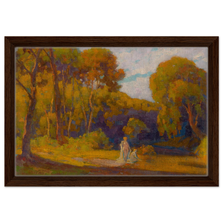 "At Sunset" by Lajos Csordák – Impressionist Landscape Wall Art Print - Framed Canvas - 30x45 cm / 12x18″ - Dark wood frame