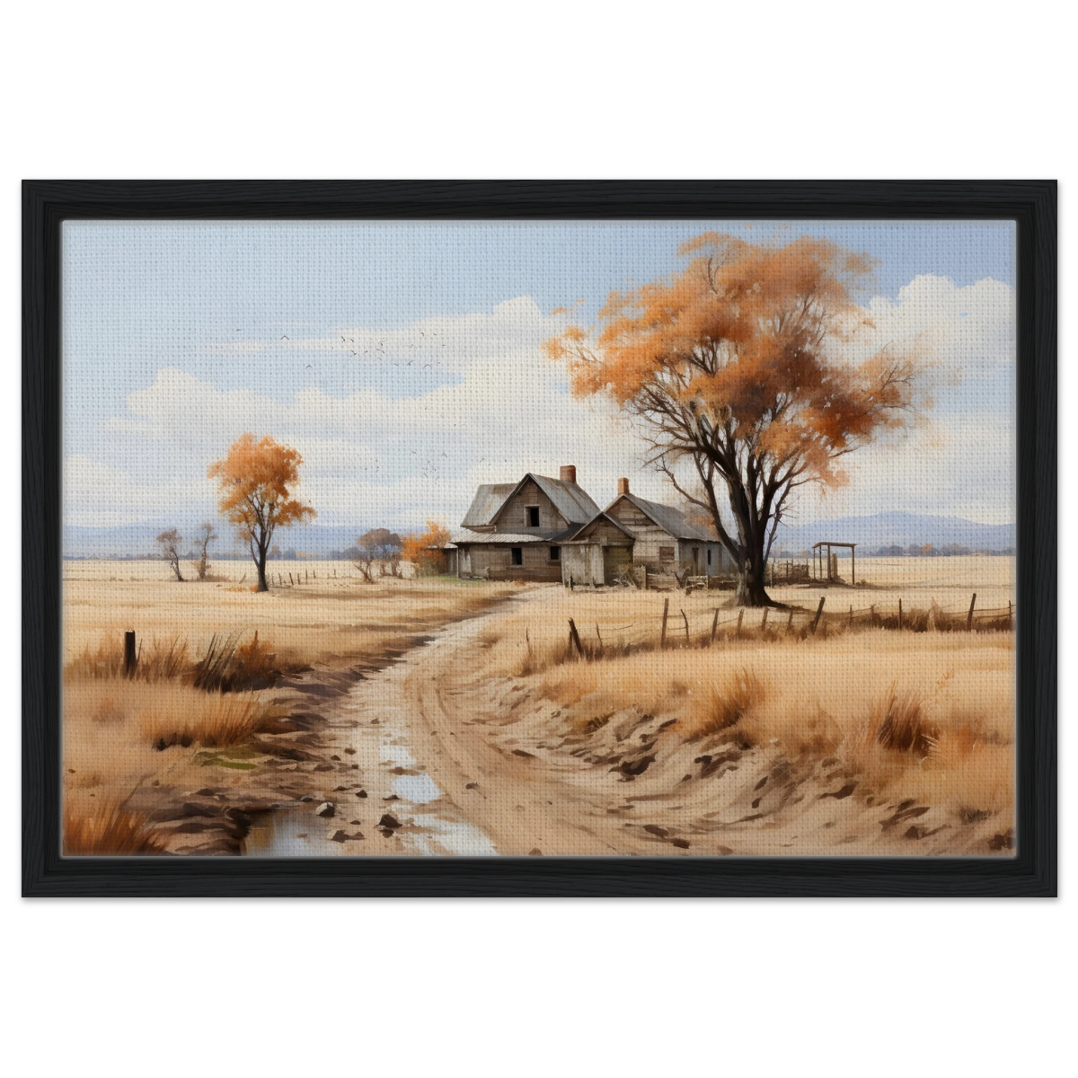 Autumn Homestead – Rustic Countryside Landscape Wall Art Print - Framed Canvas - 40x60 cm / 16x24″ - Black frame