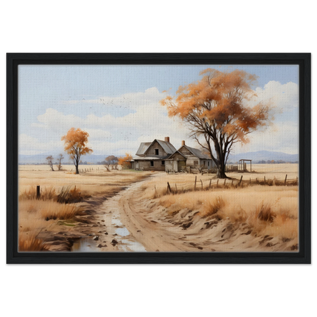 Autumn Homestead – Rustic Countryside Landscape Wall Art Print - Framed Canvas - 40x60 cm / 16x24″ - Black frame