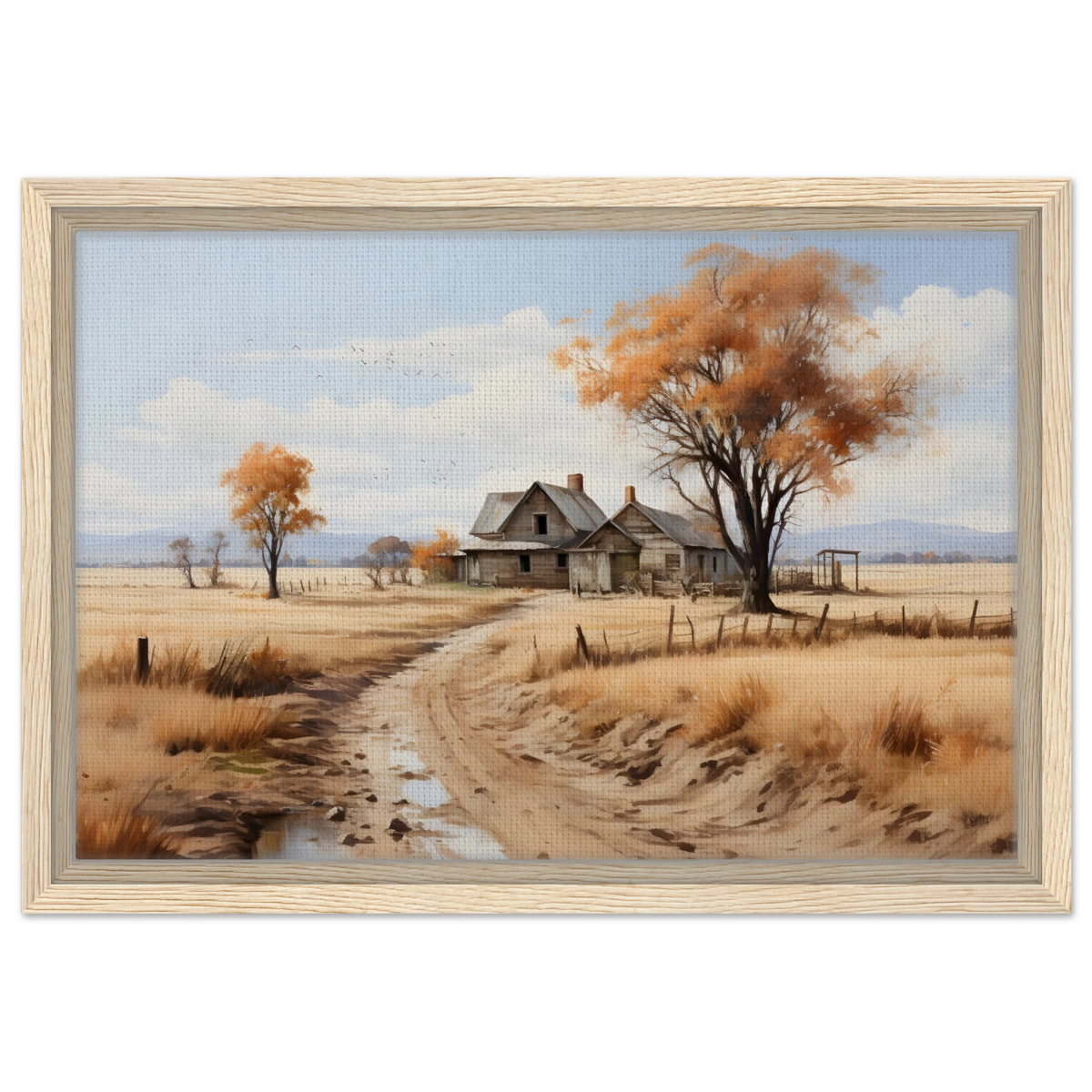 Autumn Homestead – Rustic Countryside Landscape Wall Art Print - Framed Canvas - 30x45 cm / 12x18″ - Wood frame