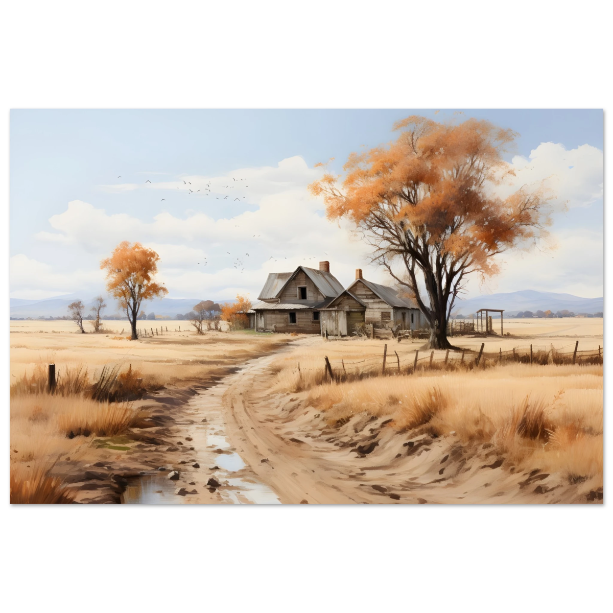Autumn Homestead – Rustic Countryside Landscape Wall Art Print - Fine Art Poster - 60x90 cm / 24x36″ - 