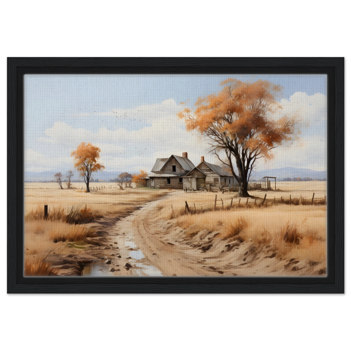 Autumn Homestead – Rustic Countryside Landscape Wall Art Print - Framed Canvas - 30x45 cm / 12x18″ - Black frame