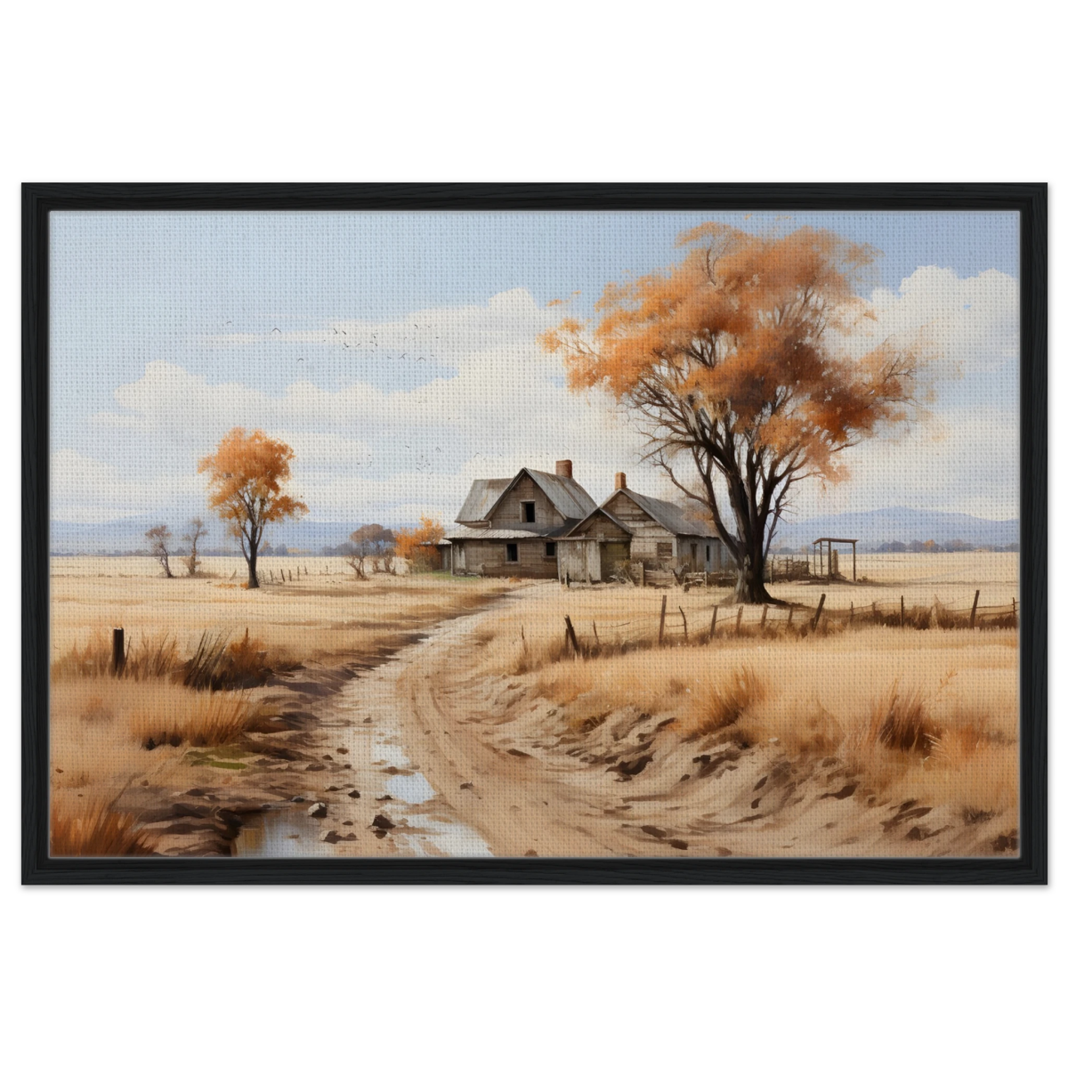 Autumn Homestead – Rustic Countryside Landscape Wall Art Print - Framed Canvas - 60x90 cm / 24x36″ - Black frame