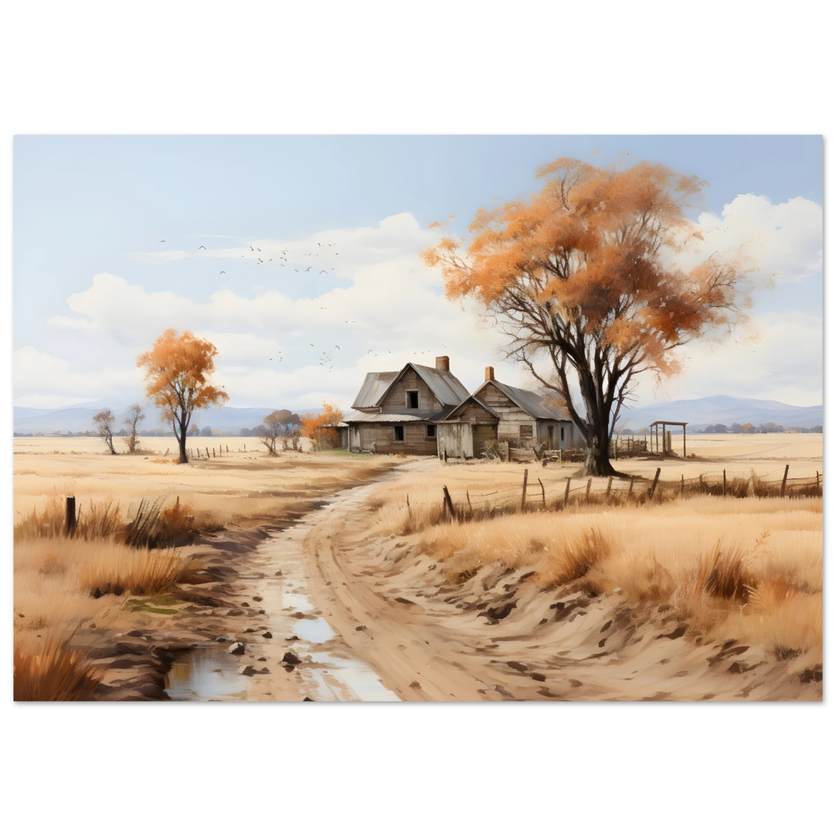 Autumn Homestead – Rustic Countryside Landscape Wall Art Print - Fine Art Poster - 70x100 cm / 28x40″ - 