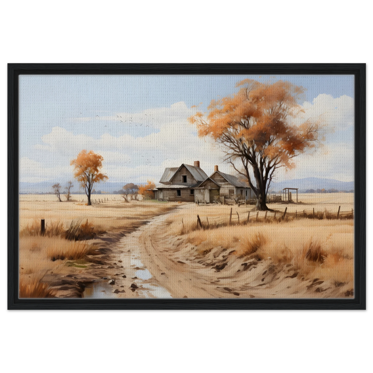 Autumn Homestead – Rustic Countryside Landscape Wall Art Print - Framed Canvas - 50x75 cm / 20x30″ - Black frame