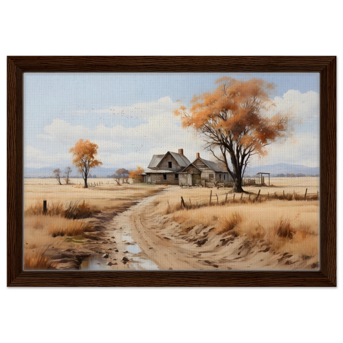 Autumn Homestead – Rustic Countryside Landscape Wall Art Print - Framed Canvas - 30x45 cm / 12x18″ - Dark wood frame