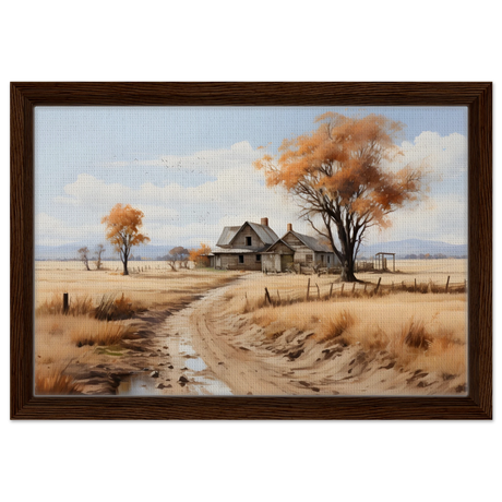 Autumn Homestead – Rustic Countryside Landscape Wall Art Print - Framed Canvas - 30x45 cm / 12x18″ - Dark wood frame