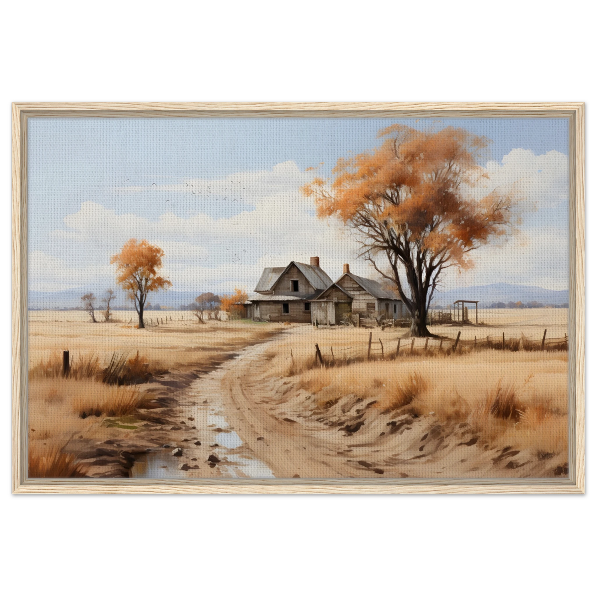 Autumn Homestead – Rustic Countryside Landscape Wall Art Print - Framed Canvas - 60x90 cm / 24x36″ - Wood frame