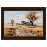 Autumn Homestead – Rustic Countryside Landscape Wall Art Print - Framed Canvas - 20x30 cm / 8x12″ - Dark wood frame