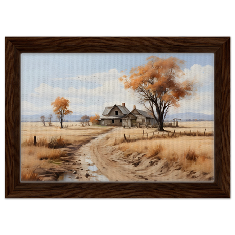 Autumn Homestead – Rustic Countryside Landscape Wall Art Print - Framed Canvas - 20x30 cm / 8x12″ - Dark wood frame