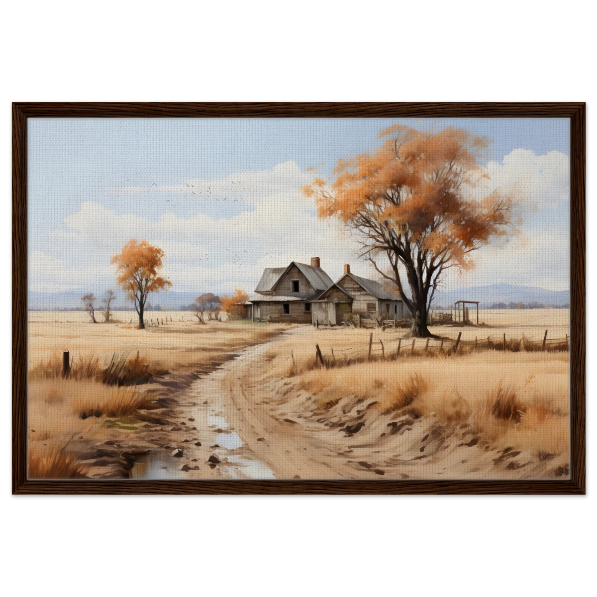 Autumn Homestead – Rustic Countryside Landscape Wall Art Print - Framed Canvas - 60x90 cm / 24x36″ - Dark wood frame
