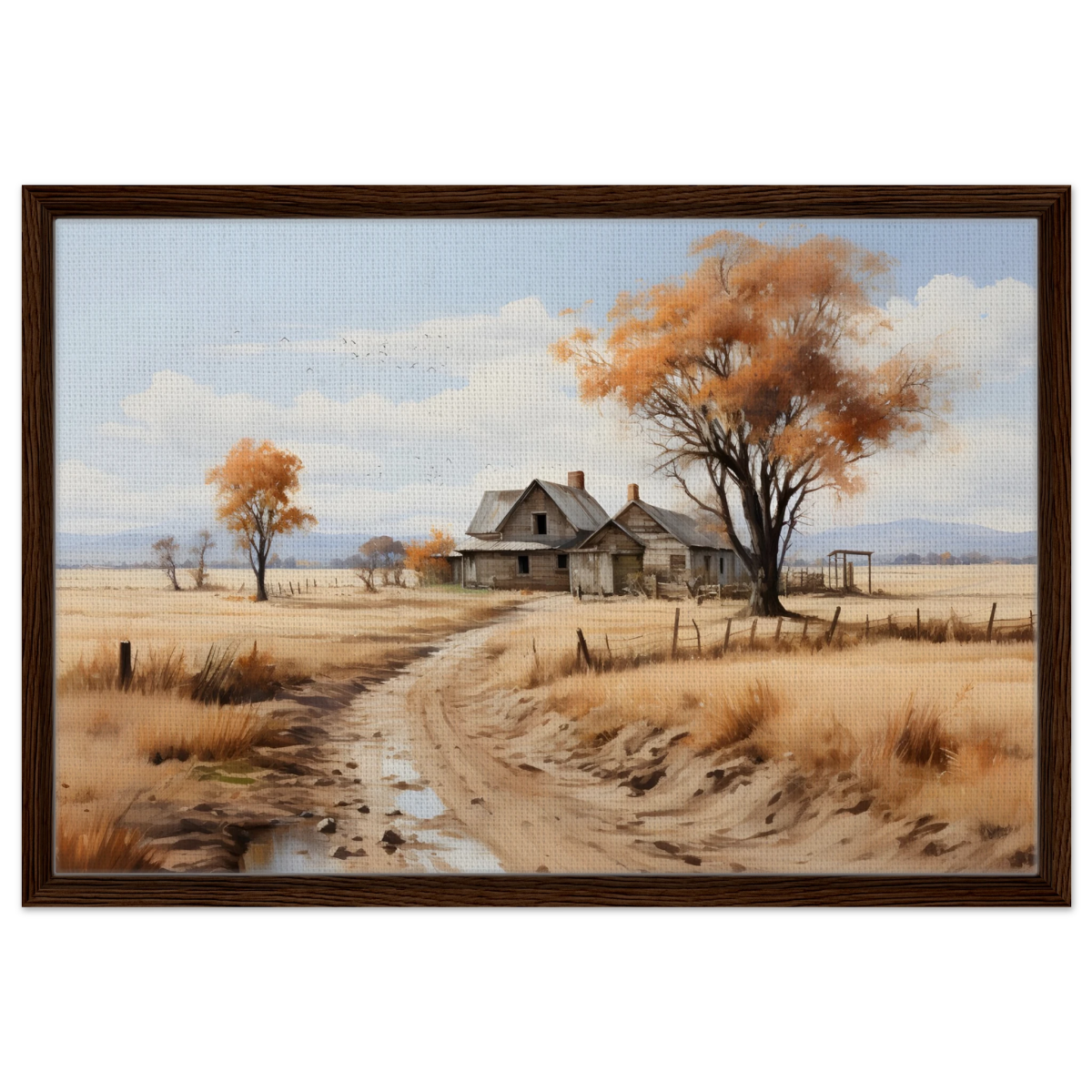 Autumn Homestead – Rustic Countryside Landscape Wall Art Print - Framed Canvas - 50x75 cm / 20x30″ - Dark wood frame