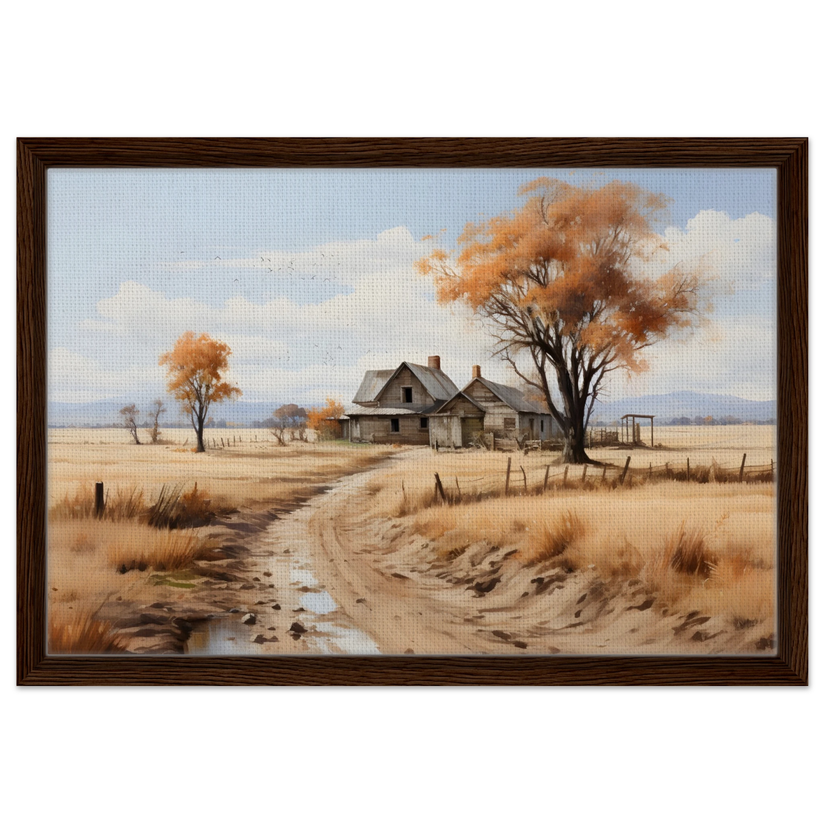 Autumn Homestead – Rustic Countryside Landscape Wall Art Print - Framed Canvas - 40x60 cm / 16x24″ - Dark wood frame