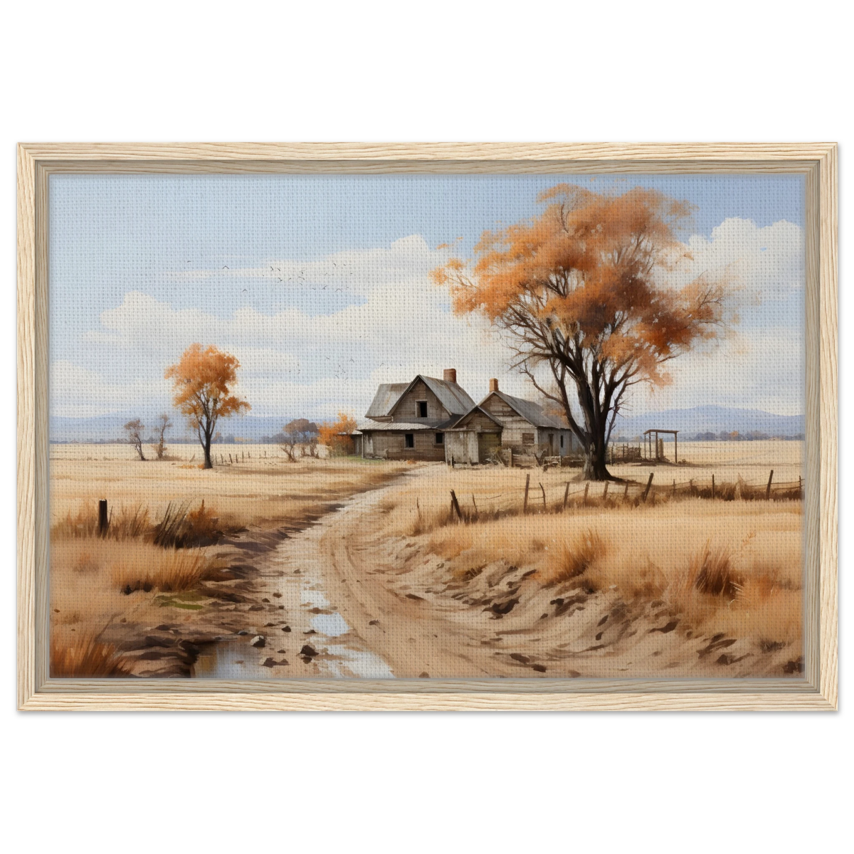 Autumn Homestead – Rustic Countryside Landscape Wall Art Print - Framed Canvas - 40x60 cm / 16x24″ - Wood frame